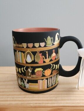 Soft Touch Black Ceramic Bookshelf Halloween Fall Cat Witch Ghost Mug - NWT